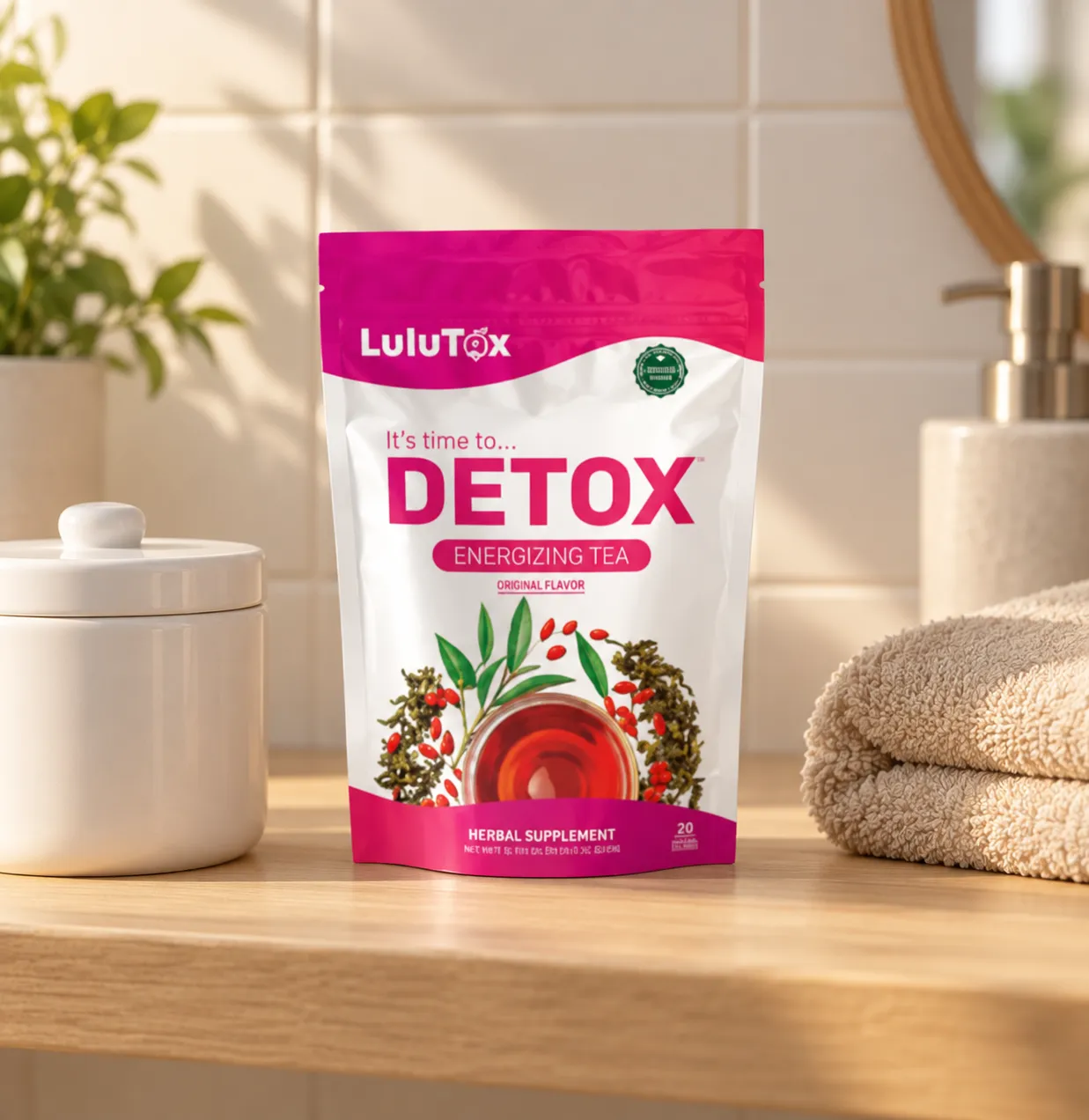 Lulutox Detox Tea — the package in everyday use